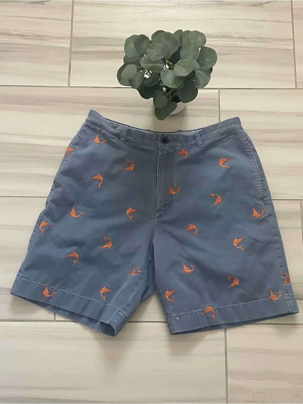 J.Crew Mens Blue Chino Shorts Embroidered Marlin Fish Size 34 Preppy 8